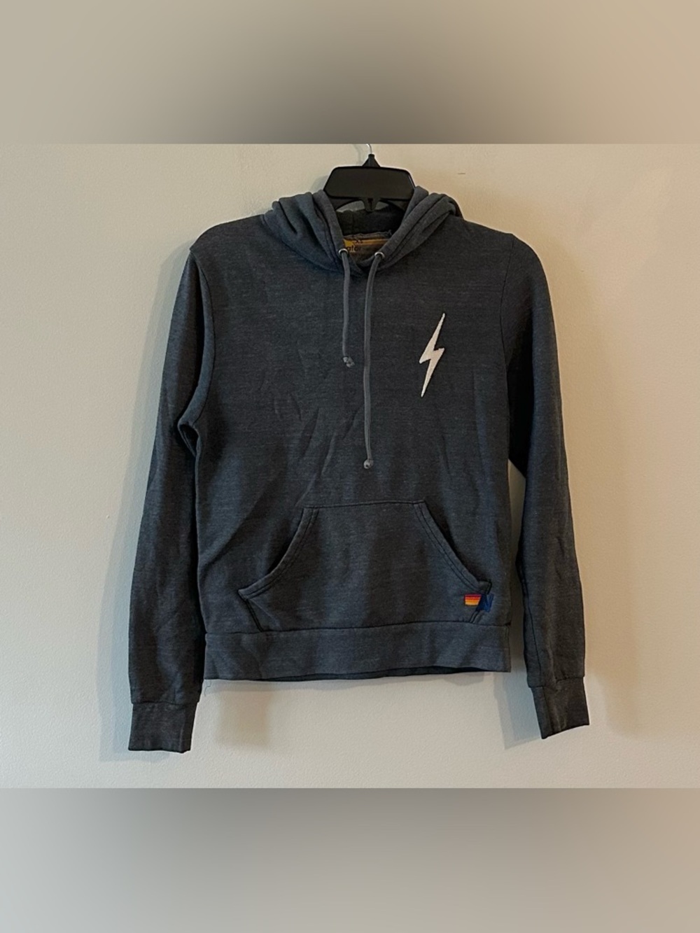 Aviator Nation Lightening Bolt Stitch Pullover Hoodie Charcoal Grey XS Preppy CA